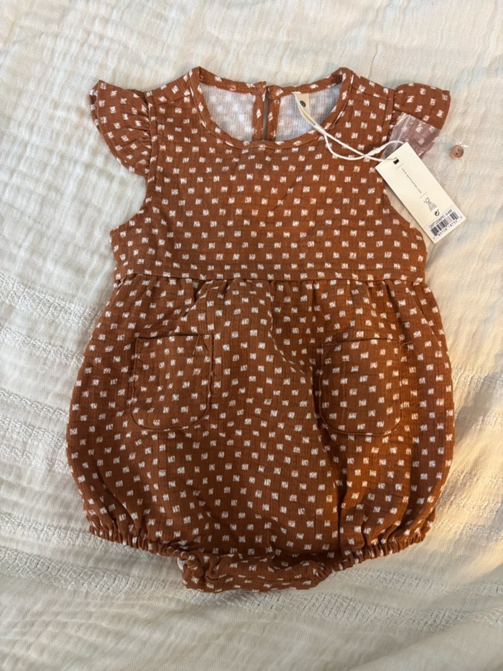 Quincy Mae Rust Dash Flutter Sleeve Organic Cotton Bubble Romper 3-6 months